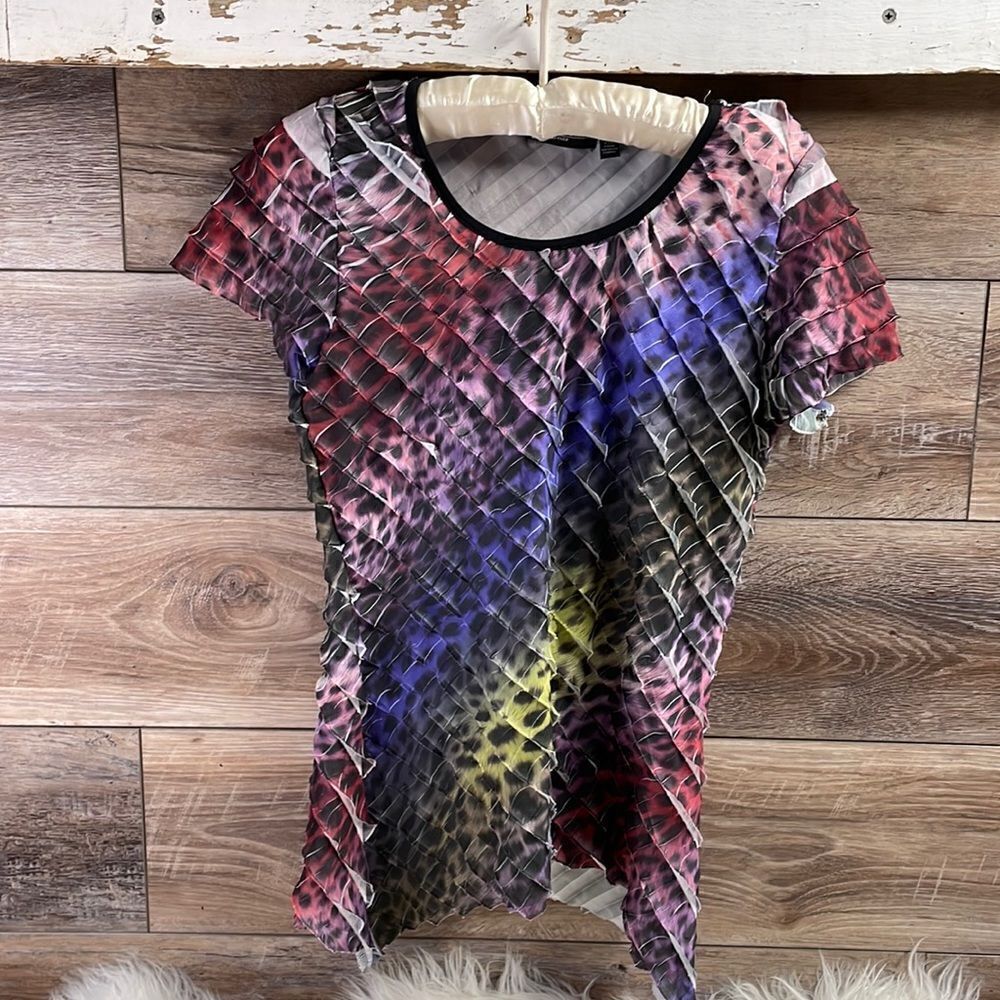 Notations Ladies Short Sleeve Top, Size Petite Small, Multicolor Animal Print